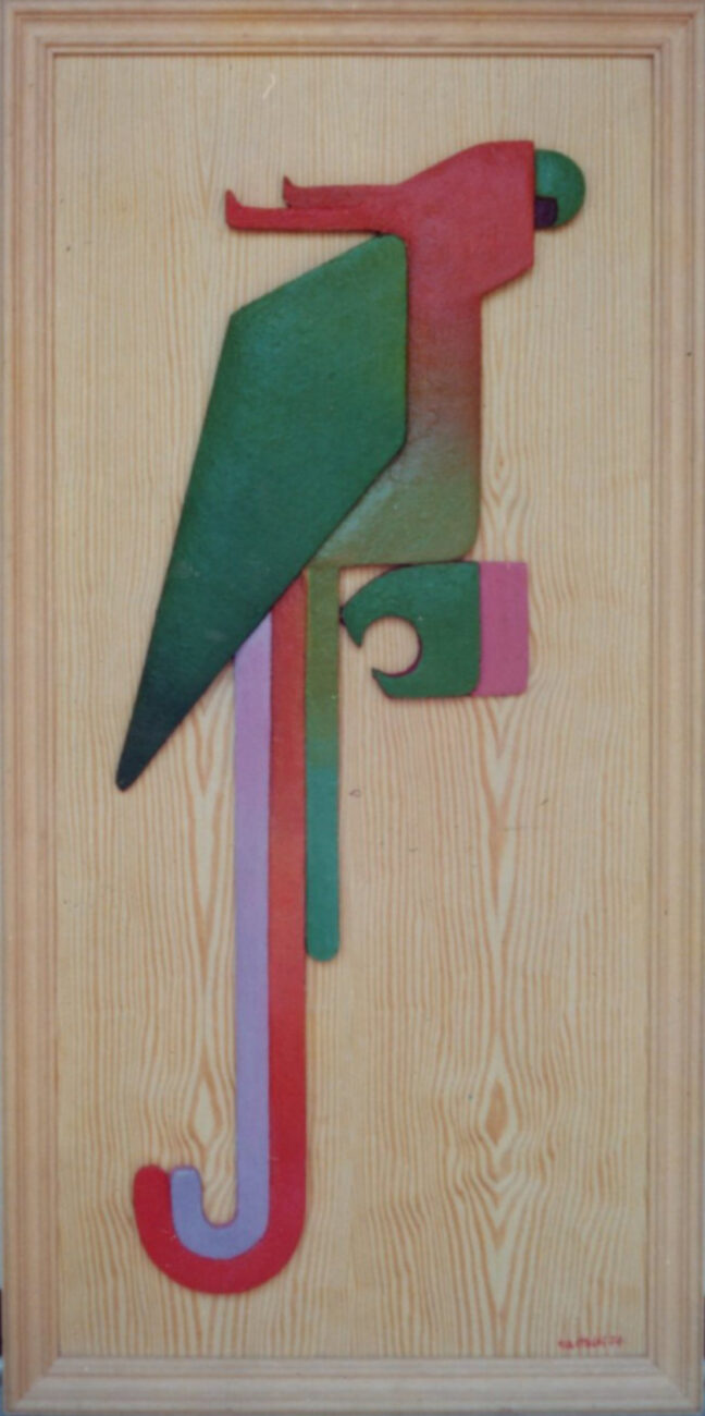 50 1974 pappagallo sagomato su legno e acrilico