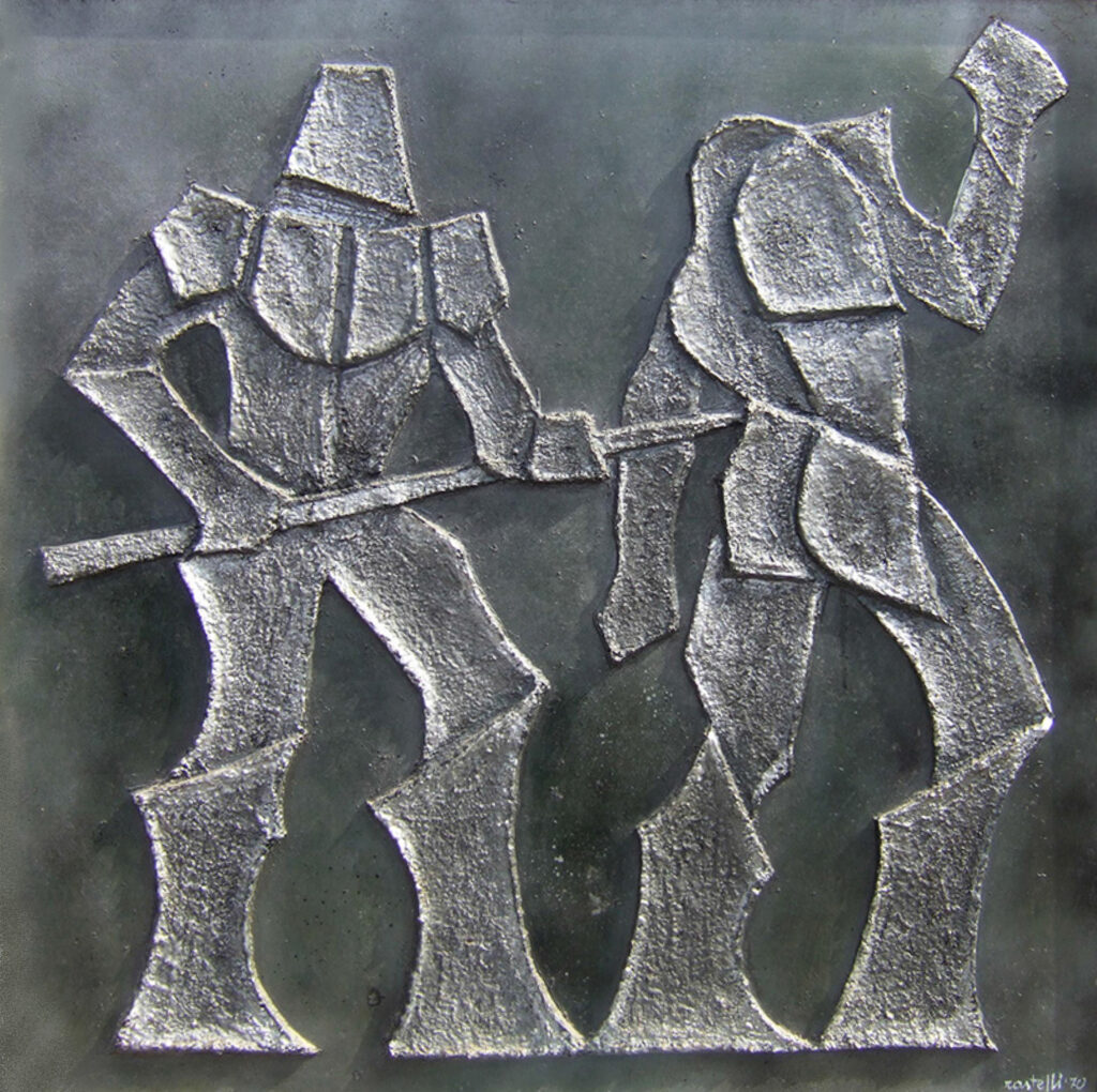 1970 guerrieri, bassorilievo, smalto su legno