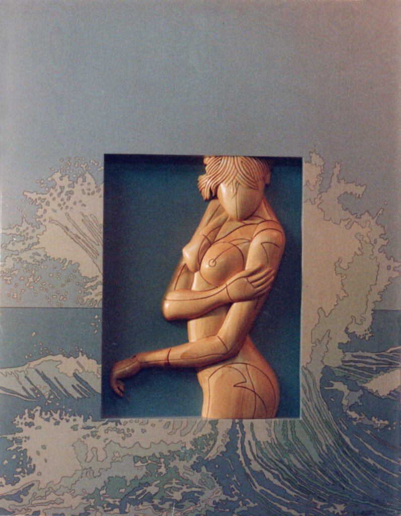 1989 nudo e onda, scultura lignea e pannello dipinto