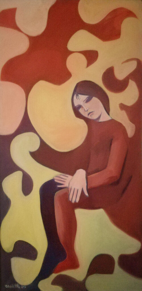 1969 ragazza che pensa, olio su tela