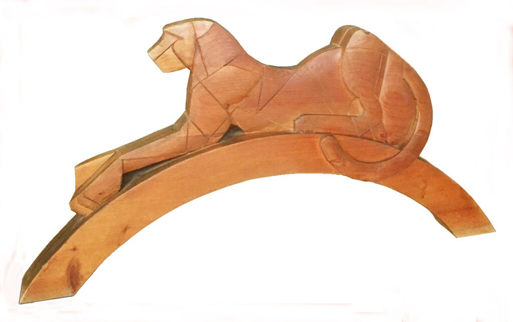 1977 ghepardo su arco, scultura lignea