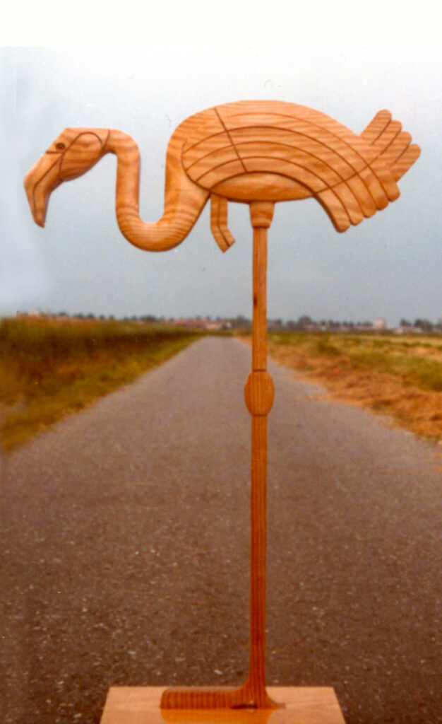 1978 fenicottero, scultura lignea
