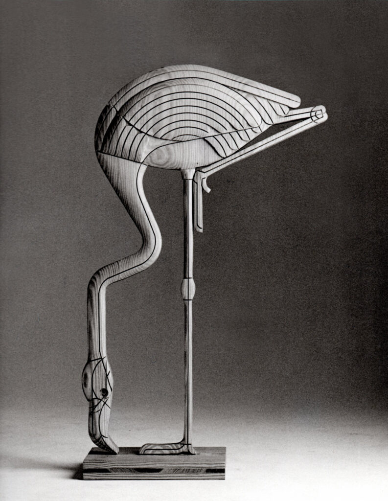 1979 fenicottero, scultura lignea