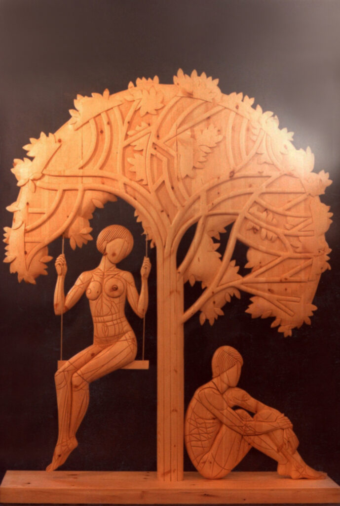 1981 uomo, donna e albero, sculture lignee